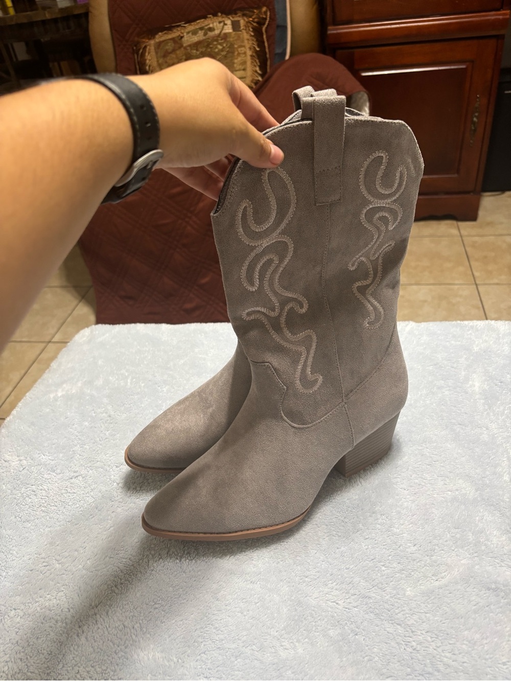 Women's Gray Suede Western Ankle Boots - Casual Cowboy Style